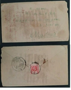 1922 Ceylon Cover ties 6c red KGV stamp cancelled Vannacponnai to Madras India - Picture 1 of 3