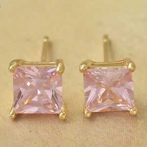 Pretty New Yellow Gold Filled 6mm Pink Princess Cut Square CZ Stud Post Earrings