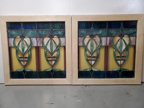 ANTIQUE AMERICAN STAINED GLASS WINDOW  PAIR ARCHITECTURAL SALVAGE Cover