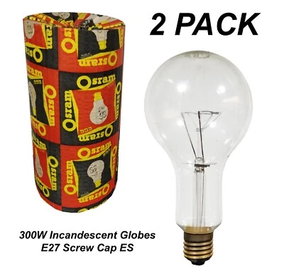 2 x 300W Incandescent Light Globes Bulbs E27 Screw ES Warm White Dimmable Clear - Image 1 of 4