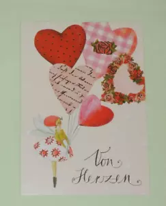1x Postkarten Von Herzen Silke Leffler Geburtstag gold Blumenfrau Luftballon - Bild 1 von 2