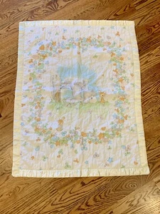 Vintage Precious Moments Lamb Bunny Rabbit Baby Nursery Crib Blanket Satin Trim - Picture 1 of 12
