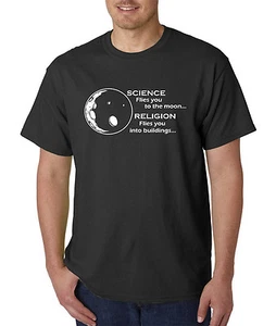 Science Flies You To The Moon Religion Into Buildings T-Shirt - Atheist Agnostic - Picture 1 of 6