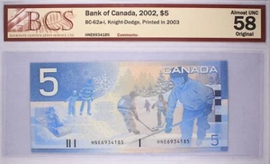 Canada 2002 - $ 5 - BC-62a - Knight-Dodge - Graded AU-58 by BCS - Prefix 'HNE' - Picture 1 of 2