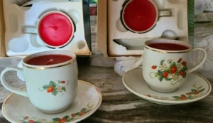 Avon 1978 4 NEW Strawberry Porcelain Demitasse Cups and Saucer With Candle - Picture 1 of 9