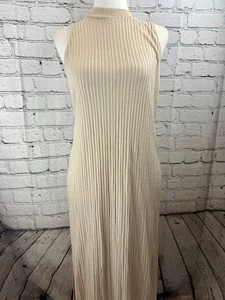 H&M Maxi Dress Women's Size M Beige Solid Ribbed Sleeveless High Neck Stretch - Picture 1 of 6