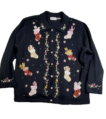 BP Design Women Christmas Sweater XL Buttons Stocking Flowers Black Grandma VTG - Image 1 of 4