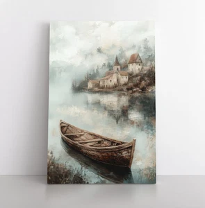 Serene Lakeside Village Rowboat Painting Print on Framed Canvas Wall Art Neutral - Picture 1 of 14