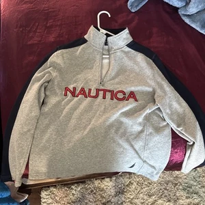 Nautica Embroidered 1/4 Zip Fleece Sweatshirt Med Gray/Navy/Red NWT - Picture 1 of 9
