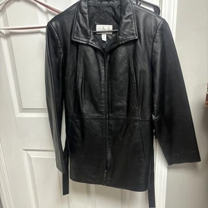 Worthington black belted leather jacket womens size petite Large - Picture 1 of 9