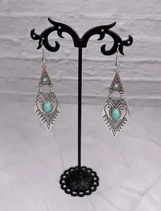 Silver Tone Dangle Faux Turquoise Boho Style Diamond Shaped  Earrings 5.5x2.5cm - Picture 1 of 2