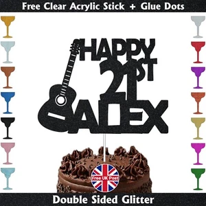 Custom Name & Age Guitar Cake Topper, Personalised Glitter Music Birthday - Picture 1 of 17