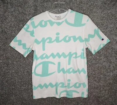 Vintage Champion Heritage Shirt Juniors Medium Spell Out All-Over Print Boys - Image 1 of 4