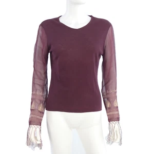Custo Barcelona Top Y2K 90s Bohemian Embellished Sheer Fringe Sleeve Burgundy S - Picture 1 of 12