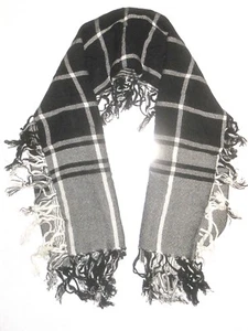 Womens Winter Scarf Square Plaid Black White Fringe Muffler - Picture 1 of 12