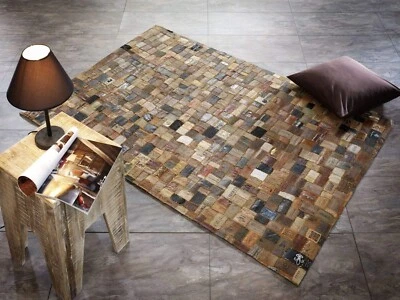 Alfombra artesanal alfombra retazos vaqueros de mezclilla reciclados retazos cuero-logo, s 5,3 x 7,7 pies Foto 1 de 4