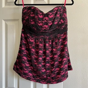 Torrid Pink & Black Floral Lace Padded Strapless Empire Waist Babydoll Tube Top - Picture 1 of 3