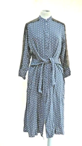 Zara Dress Blue Polka Dot Shirt Spotty Midi Lace Insert LS Flowy size XS Belt - Picture 1 of 15