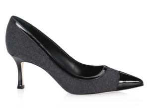 $765 MANOLO BLAHNIK PUMP HEEL BLACK PATENT CAP TOE GRAY FLANNEL 35.5 FIT 36 6 - Picture 1 of 17