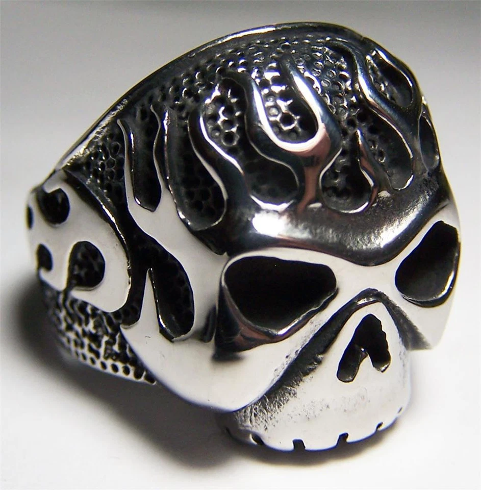 FIRE FLAMING SKULL HEAD STAINLESS BIKER RING #549-S MENS WOMENS jewelry rings - Image 1 of 1