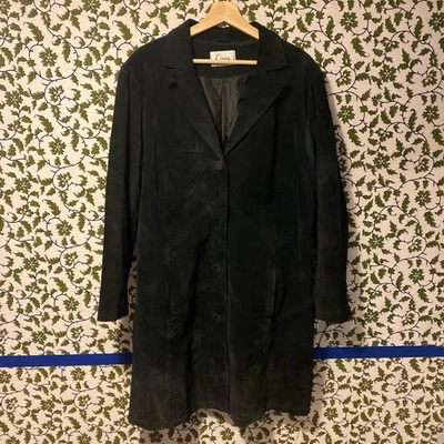 Black 90s Suede Leather Coat Plus Size 1X Western Stitching Pockets - Image 1 of 4