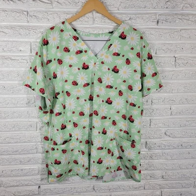 Prints by Maevn Unisex Scrub Top 3XL Plus Ladybugs Green Poly Blend Medical Vet - Image 1 of 4