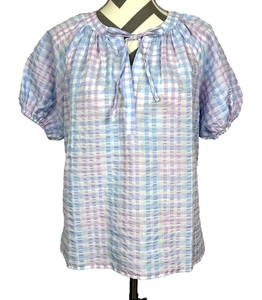 LOFT Blue Purple Checkered Puff Short Sleeve Blouse Size S Runs Big (M) - Picture 1 of 7