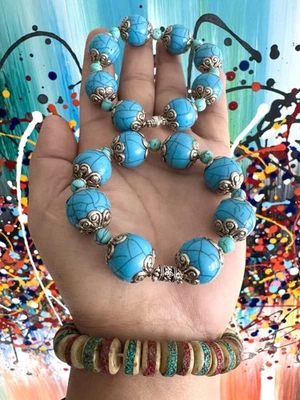 Stunning Set Of 2 Tibetan Turquoise Silver Capped Beads Stretchable Bracelet 64g - Image 1 of 4