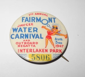 1947 Fairmont Jaycee Water Carnival Outboard Regatta Interlake Park Pin Button - Picture 1 of 2