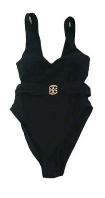 Fato de banho Tory Burch uma peça preto logotipo dourado hardware XS TP - Imagem 1 de 4