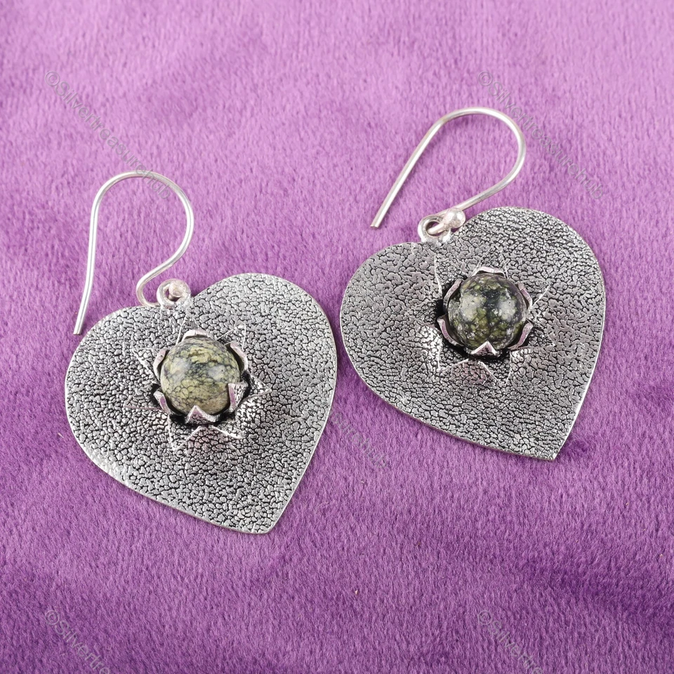 Round Russian Serpentine Stone 925 Silver Beaded Engagement Anniversary Earrings - Image 1 of 4