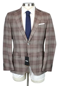 Hugo Boss Sport Coat 38 R Mens Rust Red Tan Plaid Slim Fit Virgin Wool Hutson - Picture 1 of 12