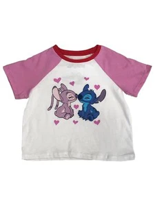 Disney Girls Short Pink Heart Lilo & Stitch Valentines T-Shirt Tee Shirt - Picture 1 of 2