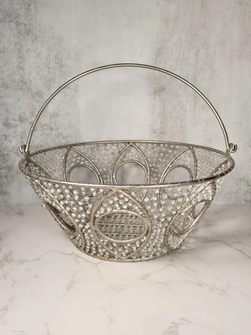 Vintage Metal Wire Beaded Round Basket Mid Century Modern 10" x 4 1/4" Stunning Cover