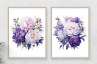 Peonies Wall Art Prints, Set of 2 Floral Wall Art Decor, Purple Peonies