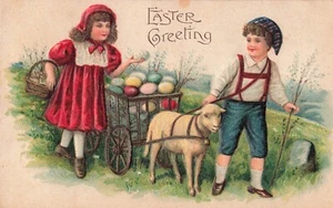 Easter Greeting Postcard Girl Boy Lamb Pulling a Cart of Eggs  PM 1911    S3 - Picture 1 of 2