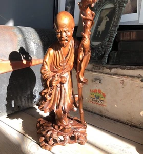 Antique Asian Chinese Monk Shou Lao with Beads Rosewood Hand Carved Figure - Picture 1 of 24