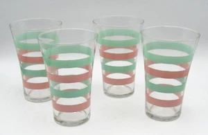VINTAGE LIBBEY BLUE/GREEN & PINK STRIPES GLASS TUMBLERS - SET OF 4 - Picture 1 of 2