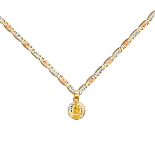 Ciondolo religioso timbro Lady Guadlupe tricolore 14 carati con catena Valentino da 1 5 mm