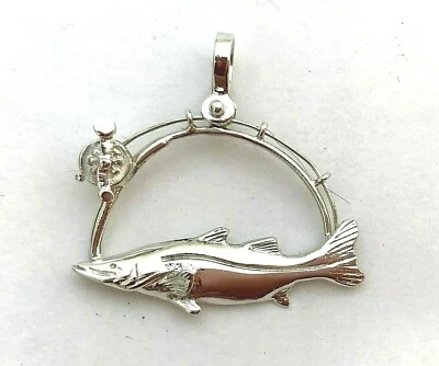 Carrete de caña colgante de plata esterlina 925 con róbalo de pez joyería deportiva de ley Foto 1 de 4
