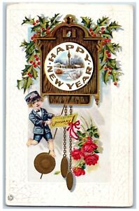 Carte postale Rushford Minnesota MN nouvelle année petit garçon sonnerie baies de houx