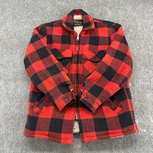 VINTAGE Cal Craft Jacket Men M Red Black Buffalo Plaid Wool Zip Sherpa Lined 90s - Picture 1 of 10