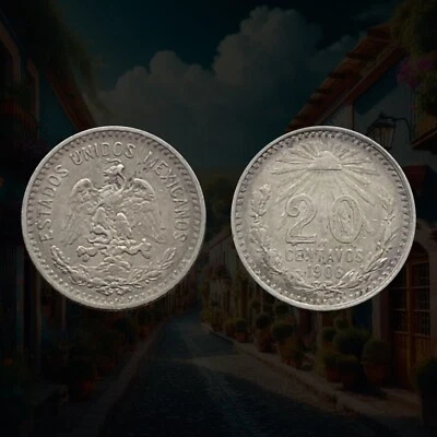 1906 Mexico 20 Centavos Coin, .800 Silver, Radiant liberty cap, Coat of Arms - Image 1 of 3