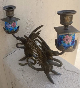 Antique French Longwy Brass Winged Griffin Dragon Candle Holders - Picture 1 of 4