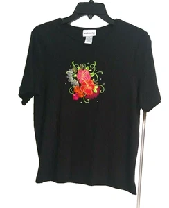 Breckenridge Black with Hibiscus Women's M, EUC short sleeves green red orange - Picture 1 of 6