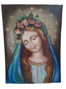 Jungfrau Maria Ölgemälde mit Rosenkrone Heiligenschein & Sternen ungerahmt nicht signiert LESEN - Bild 1 von 19