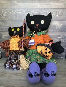 NEW Handmade Halloween Black Cat Pumpkin Purse Broom Sitting Dolls Set Of 2 - Picture 1 of 9