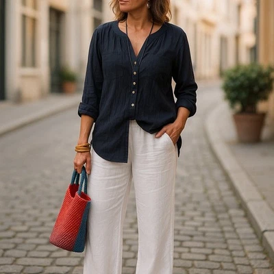 Michael Kors MICHAEL Womens Blouse Sz 1X Navy Blue Crinkle Roll Tab Sleeve Tunic - Image 1 of 4