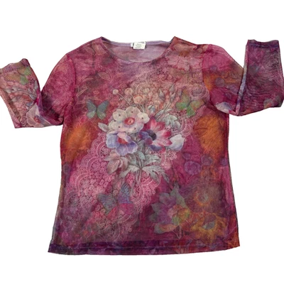 Camiseta vintage de malla con estampado floral para mujer mediana transparente manga larga Y2K mariposa Foto 1 de 4