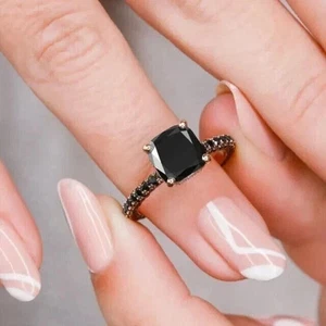 2Ct Cushion Cut Lab Created Black Diamond Solitaire Ring in 14k Rose Gold Plated - Picture 1 of 10